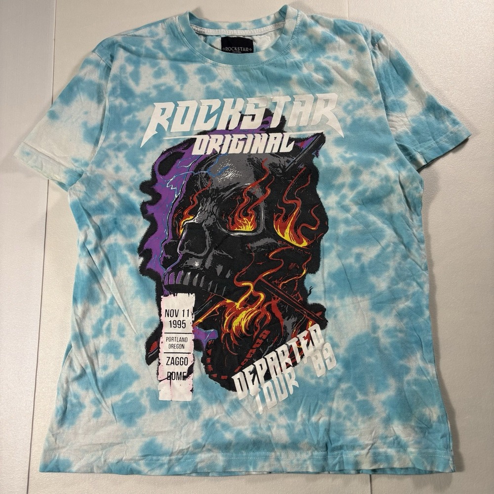 Rockstar Original Departed Tour '95 Skull Flame Blue Tie Dye Graphic T-Shirt